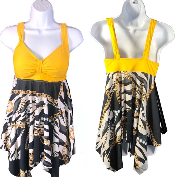 Yellow Zebra Gold Chain Pearls Print Tankini Swimdress TOP ONLY Size L - Picture 5 of 5